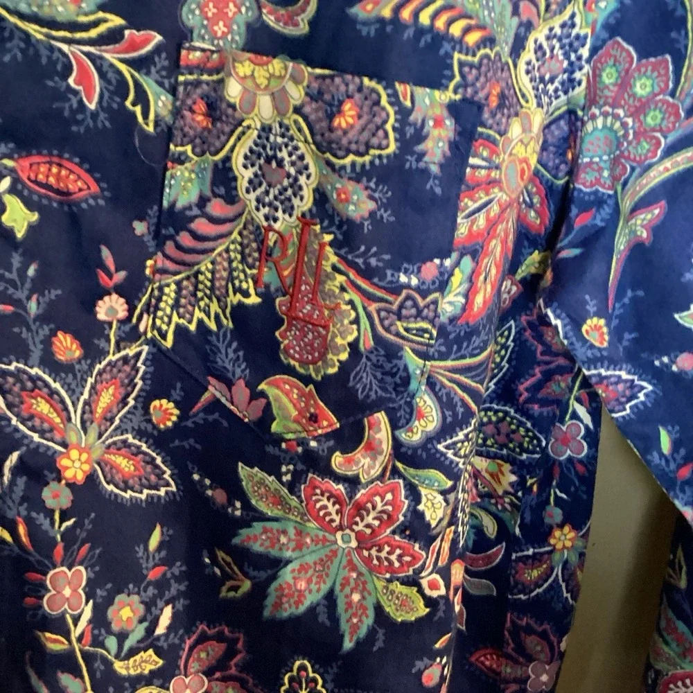 Lauren Ralph Lauren Pajama Top Womens M Blue Multi Paisley Floral Piping